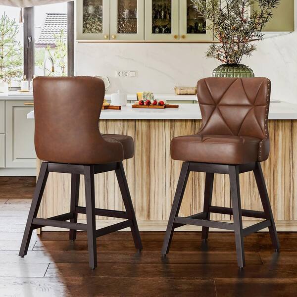 Hampton 26 in. Dark Brown Solid Wood Frame Counter Stool with Back Faux Leather Upholstered Swivel Bar Stool Set of 2