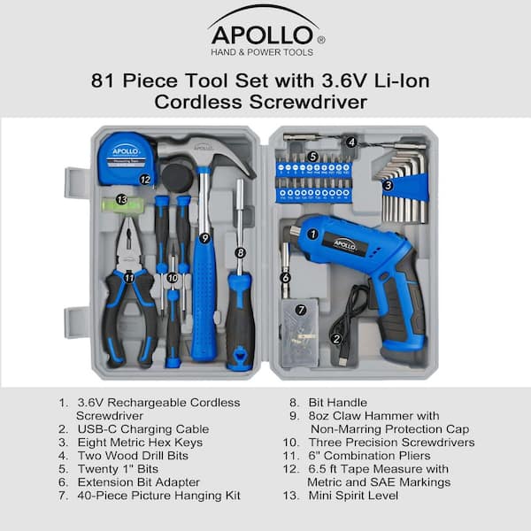 Apollo 81-Piece Home Tool Set with 3.6 Volt Cordless Screwdriver