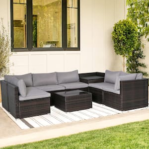8-Piece Brown Wicker Outdoor Sectional Set with Gray Cushions and Storage Box