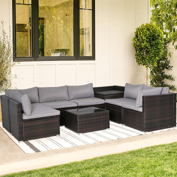 Unbranded 8-Piece Brown Wicker Outdoor Sectional Set with Gray Cushions and Storage Box