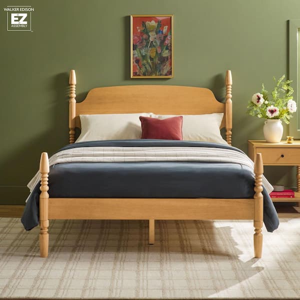 Walker Edison Furniture Company Modern Farmhouse Easy Assembly Beige Solid Wood Frame Queen Platform Bed with Spindle Detailing