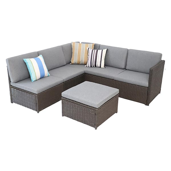 Unbranded UIXE B2 Chocolate Wicker Outdoor Sectional Set with Gray Cushions