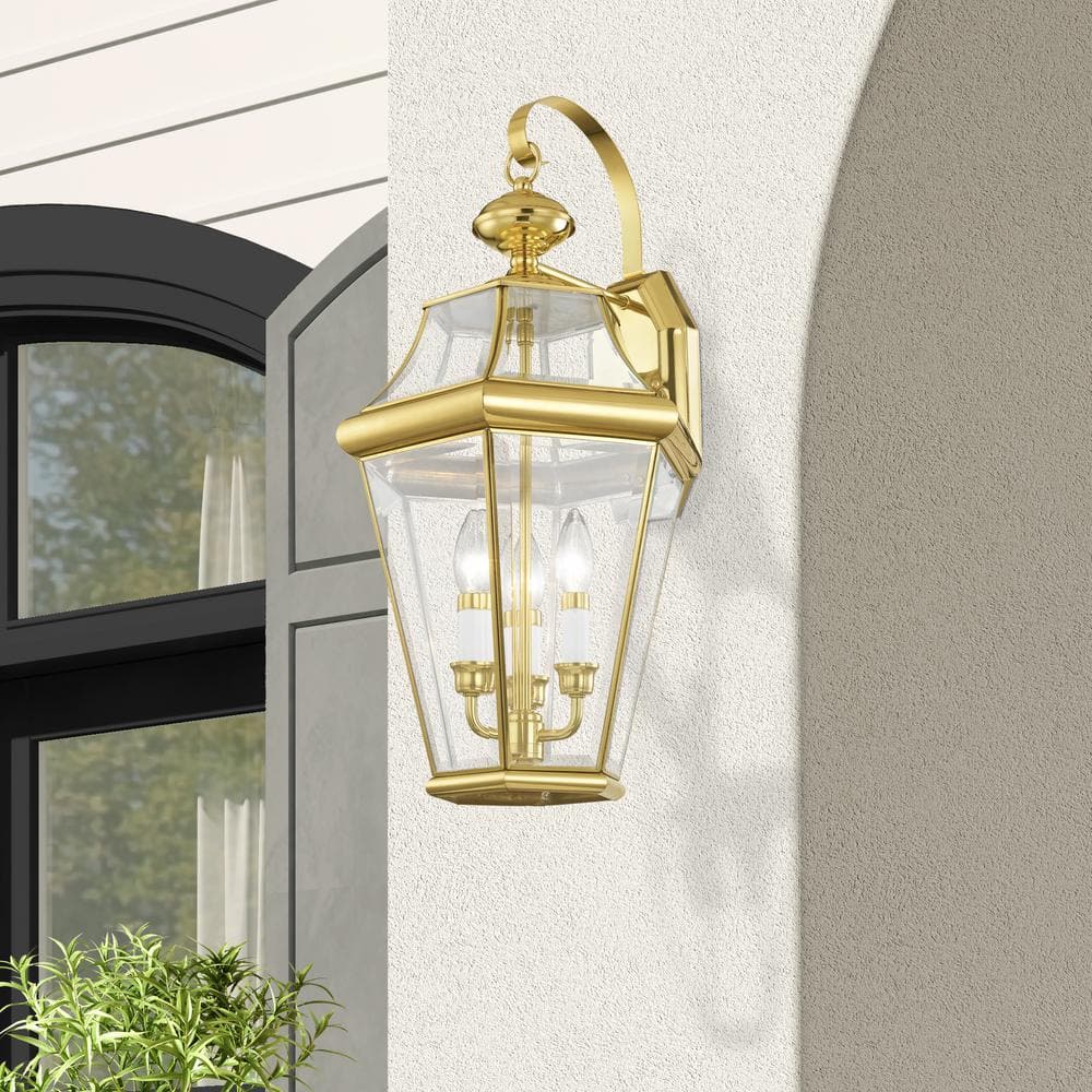 Polished Brass 3-Light Outdoor Wall Lantern with Clear Glass