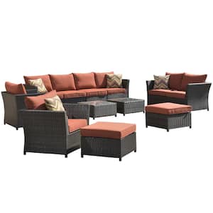 Norman Brown 12-Piece Wicker Outdoor Patio Conversation Seating Sofa Set with Orange Red Cushions, No Assembly Required