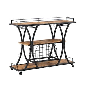 Black Industrial Serving Bar Cart with Wine Rack&Glass Holder, Kitchen Trolley with Wheels and 3-Tier Wooden Shelves