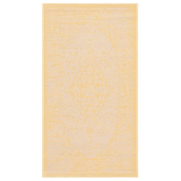 Courtyard Beige/Gold 2 ft. x 4 ft. Medallion Floral Border Indoor/Outdoor Area Rug