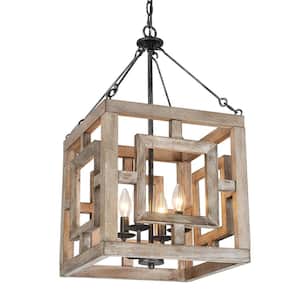 4-Light Distressed Wood and Antique Brushed Silver Rustic Farmhouse Chandelier with Seeded Glass Shade