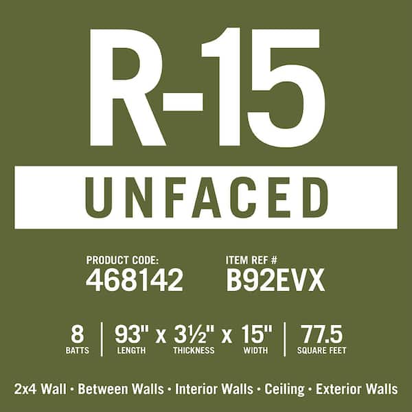 R-15 EcoBatt Unfaced Fiberglass Insulation Batt High Density 15 in. x 93 in. x 3-1/2 in. (15-Bags)