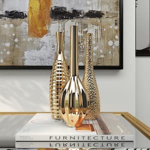 4 in., 12 in. Gold Slim Textured Bottleneck Ceramic Decorative Vase with Varying Patterns (Set of 3)