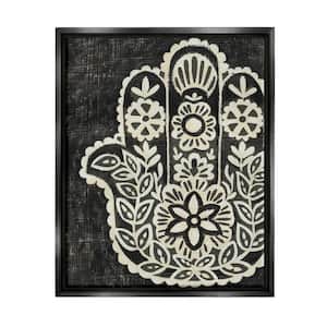 Floral Pattern Black and White Hamsa by Chariklia Zarris Floater Frame Nature Wall Art Print 21 in. x 17 in.