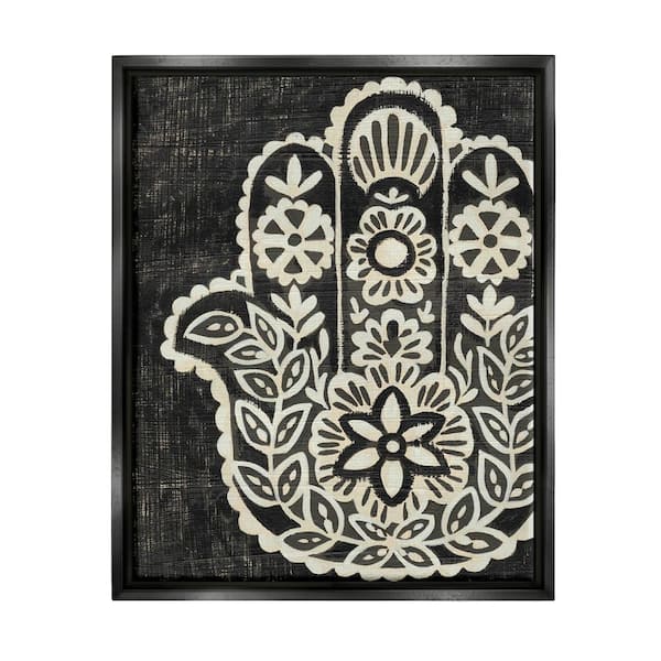 The Stupell Home Decor Collection Floral Pattern Black and White Hamsa by Chariklia Zarris Floater Frame Nature Wall Art Print 21 in. x 17 in.