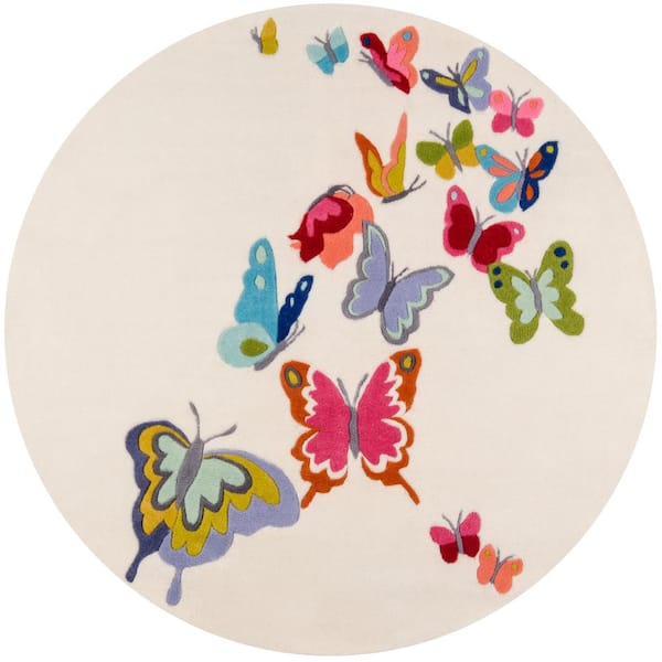 Momeni Lil Mo Whimsy Butterfly Ivory 5 ft. x 5 ft. Indoor Kids Round Area Rug