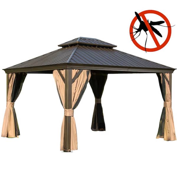 ToolCat 12 ft. x 14 ft. Black Outdoor Aluminum Gazebo with Galvanized Steel Double Canopy Curtains and Netting for Deck Backyard