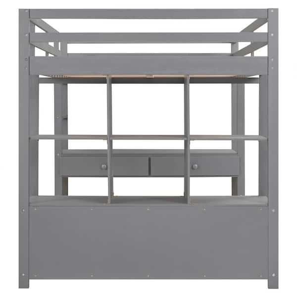 Qualler Gray Full Size Loft Bed with Desk, Drawers and Shelves
