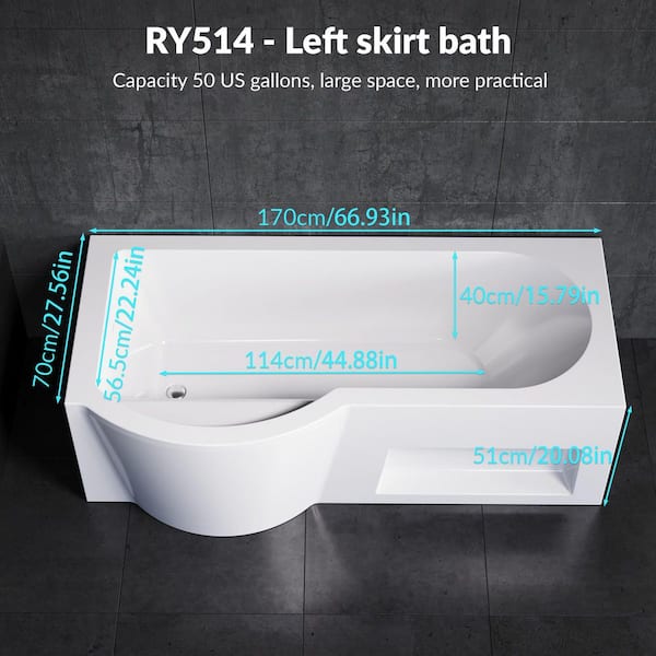 66 in. Acrylic Soaking Bathtub with Left Drain, Left Cabinet and Shower Door, Easy Clean, Ergonomic Design in White