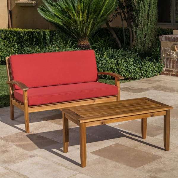 Caldwell Teak 2-Piece Wood Outdoor Patio Conversation Set with Red Cushions