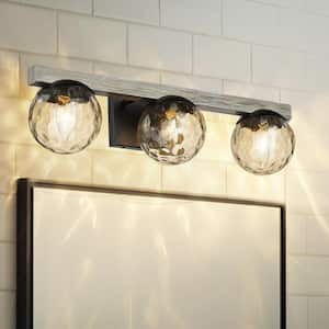 22 in. 3-Light Matte Black Industrial Bathroom Vanity Light with Faux Wood Metal Accent