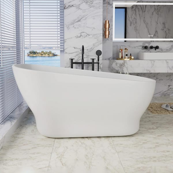 59 in. Acrylic Oval Shaped Freestanding Flatbottom Top Sloping Design Non-Whirlpool Soaking Bathtub in White