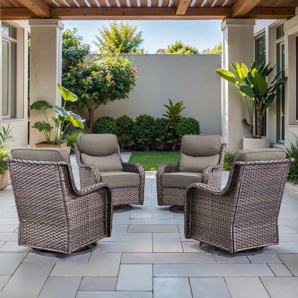 Arcadia Brown Wicker Outdoor Rocking Chair Patio Swivel Glider with 6 in. Thick Gray Box-Edge Cushions (4-Pack)