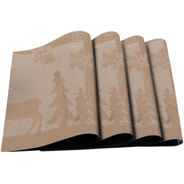 J&V TEXTILES Gold and White Deer Jacquard 12 in. x 18 in. PVC Fiber Woven Non-Slip Washable Placemat (Set of 4)