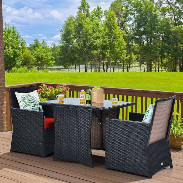 3-Piece Patio Wicker Bistro Set PE Rattan Outdoor Dining Table Set with Red Cushions