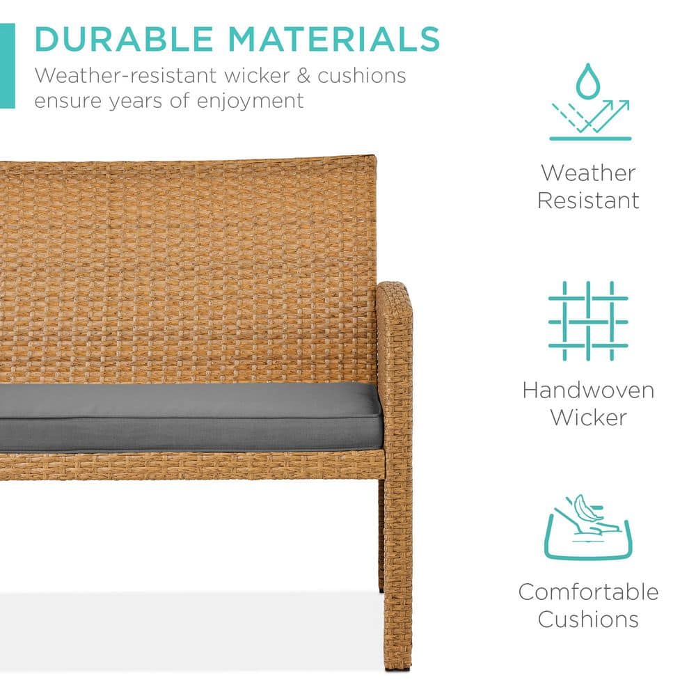 Natural Wicker 4-Piece Patio Conversation Set with Gray Cushions