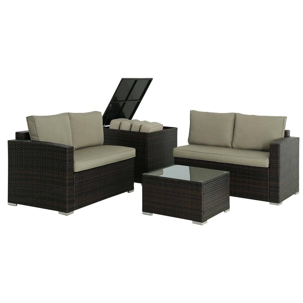 4-Piece Brown Wicker Outdoor Sectional Set, Rattan Outdoor Patio Set with T