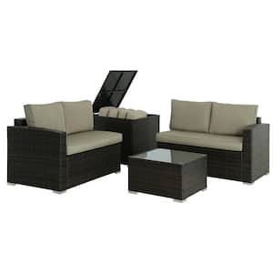 4-Piece Brown Wicker Outdoor Sectional Set, Rattan Outdoor Patio Set with Tan Cushions, Storage Box and Tea Table