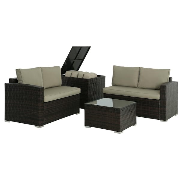 Unbranded 4-Piece Brown Wicker Outdoor Sectional Set, Rattan Outdoor Patio Set with Tan Cushions, Storage Box and Tea Table