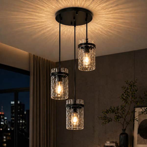 Jasslynn 3-Light Black Modern Pendant Light with Water Rippled Glass Shades for Bedroom, Living Room and Kitchen