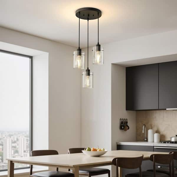 10 in. 3-Light Matte Black Vintage Cluster Pendant Light Fixture with Clear Glass for Dining Table