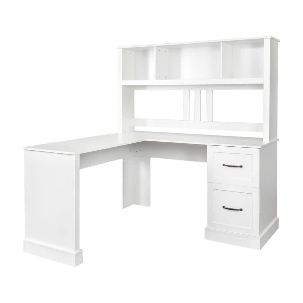 60 in. L-shaped White Wood Computer Desk with Hutch 2-Drawer and ...