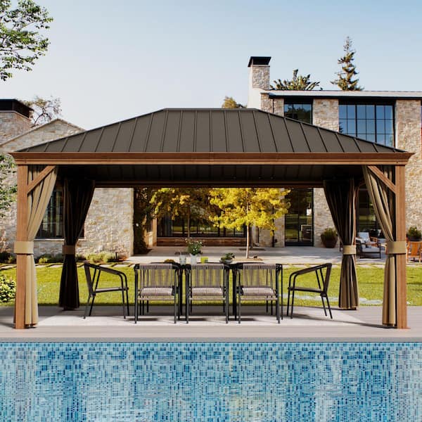 12 ft. x 16 ft. Aluminum Wood-Grain Frame Hardtop Gazebo Iron Roof Gazebo with Mesh and Curtains.
