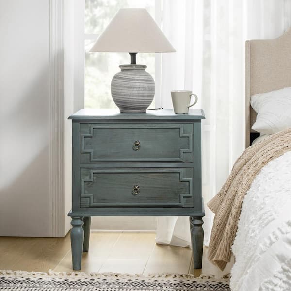 JAYDEN CREATION Leo Blue 2-Drawers Farmhouse Solid Wood Nightstand