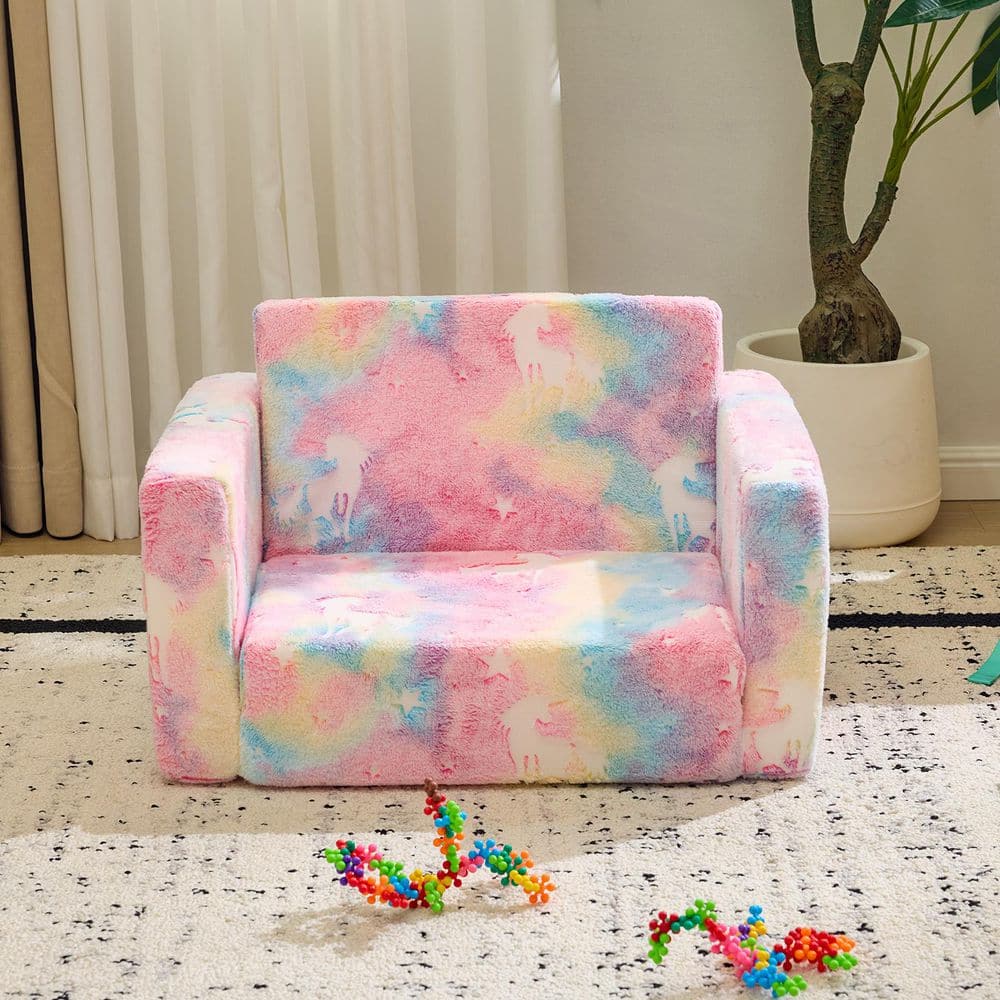 1-Piece Full Sponge Kids Single Folding Sofa Bed with Luminous Feature in Pink