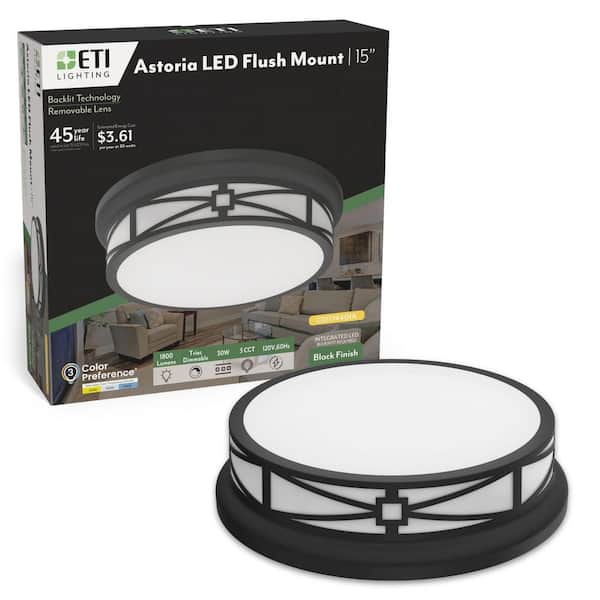 ETI LIGHTING ASTORIA 15 in. Black with Intricate Border Round LED Flush Mount Ceiling Light 1800LM 30W Adjustable CCT Dimmable