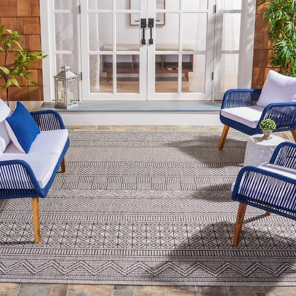 Courtyard Black/Gray 9 ft. x 12 ft. Geometric Striped Indoor/Outdoor Area Rug