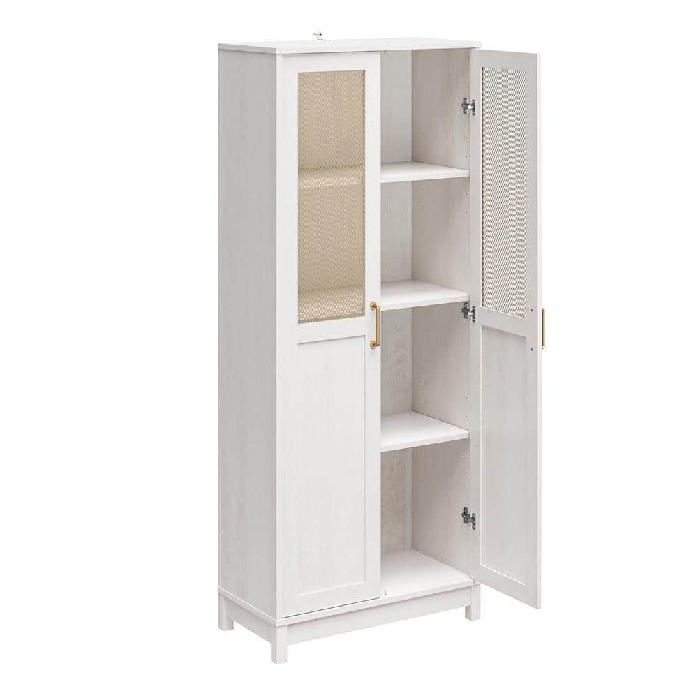 Ivory Oak 2-Door Storage Cabinet with Gold Mesh Doors