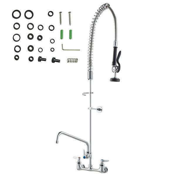 Commercial Faucet with Pre-Rinse Sprayer 47 in. Height 8 in. Center 12 in. Swing Spout Wall Mount Kitchen Sink Faucet