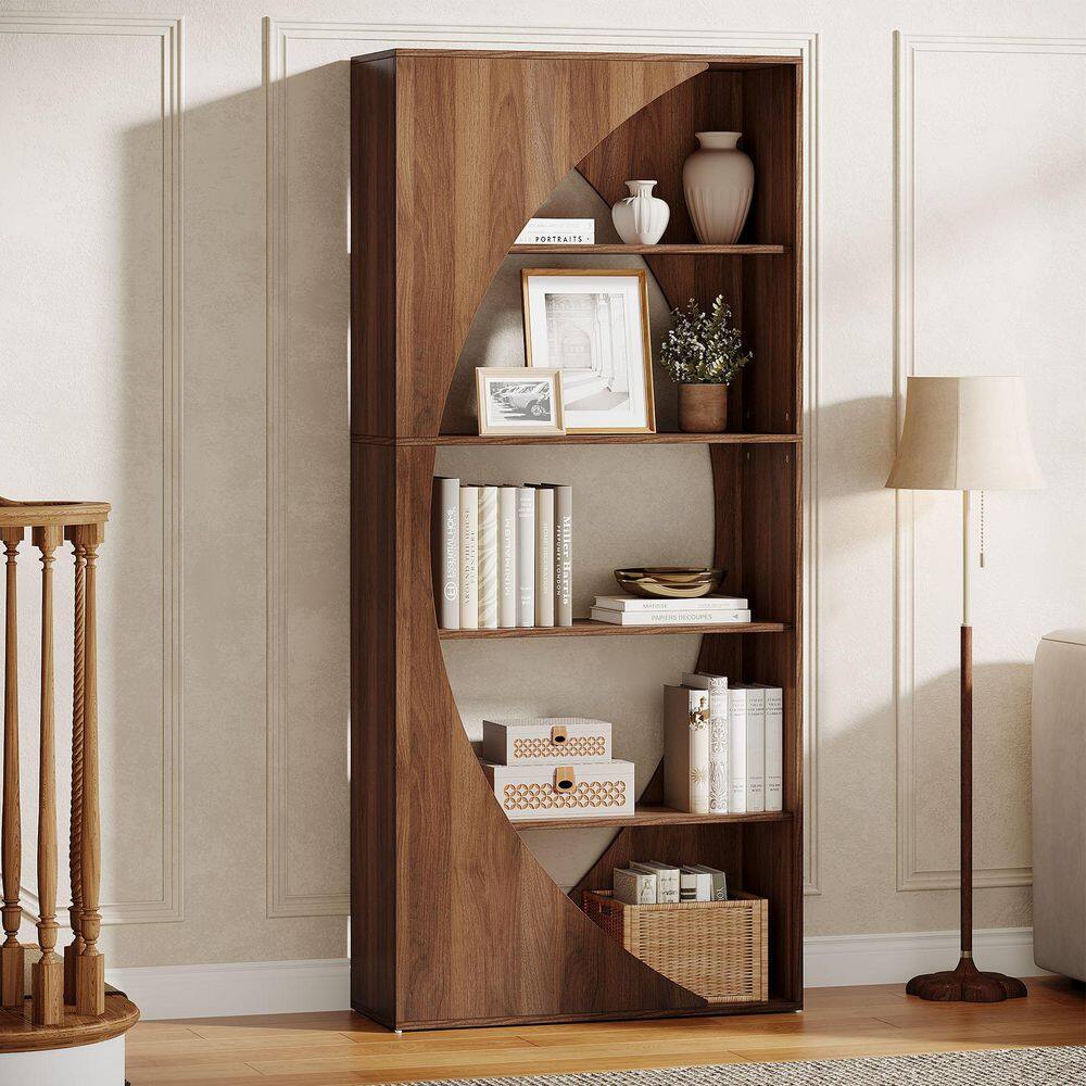 Eulas 71 in. Tall Walnut Wood 5-Shelf Standard Bookcase, Modern Open Storage Shelves for Living Room,Bedroom,Home Office