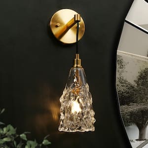 Transitional Bathroom Bell Wall Sconce 1-Light Plating Brass Bedroom Wall Light with Crystal Shade
