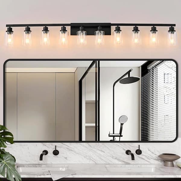 65 in. 10-Light Black Modern Bathroom Vanity Light with Clear Glass Shade