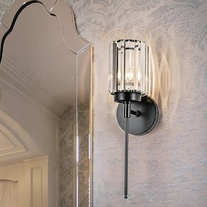 Orillia 4.72 in. 1-Light Modern Industrial Black Bathroom Vanity Light with Crystal Cylinder Shade