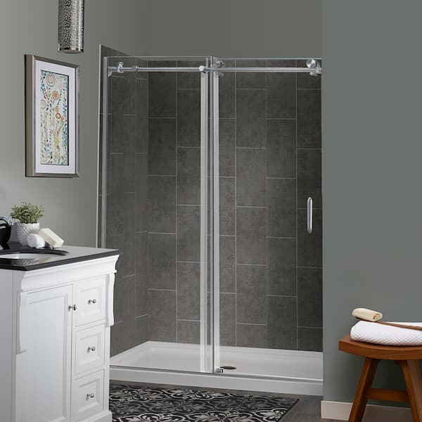Marina Sliding 48 in. L x 34 in. W x 78 in. H Center Drain Alcove Shower Stall Kit in Slate and Brushed Nickel Hardware