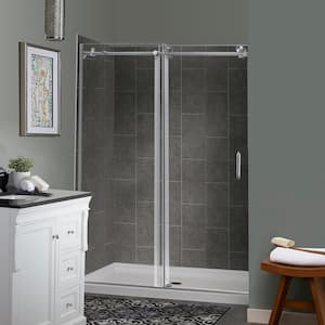 Marina Sliding 48 in. L x 34 in. W x 78 in. H Center Drain Alcove Shower Stall Kit in Slate and Brushed Nickel Hardware