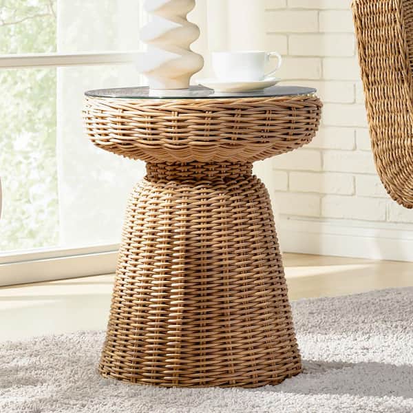 Ivana 17.5 in. Natural Round Glass End Table with Sculptural Hourglass Base