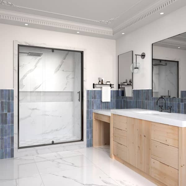 Modern 48 in. W x 71 in. H Pivot Swing Semi-Frameless Shower Door in Matte Black Finish with 1/4 in. (6mm) Clear Glass