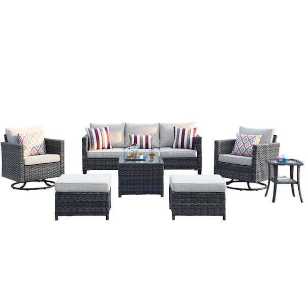 New Vultros Gray 7-Piece Wicker Outdoor Patio Conversation Set with Beige Cushions and Swivel Rocking Chairs