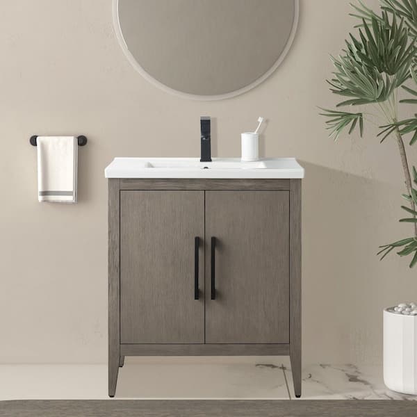 30 in. W x 18.5 in D x 34 in. H Single-Sink Bathroom Vanity Cabinet in Driftwood Gray with Ceramic Top in White