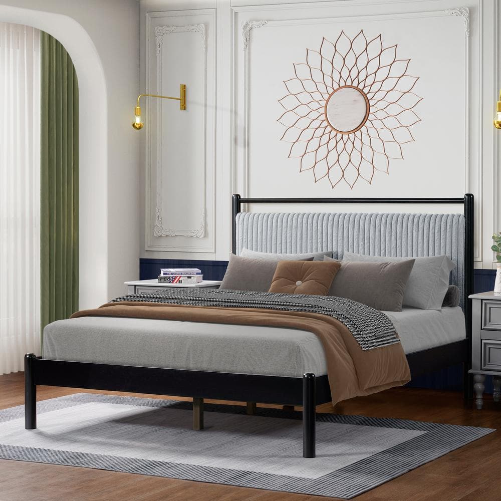 Gray and Black Solid Wood Frame Queen Size Platform Bed with Fluffy Soft Headboard price history on PriceWatchPro